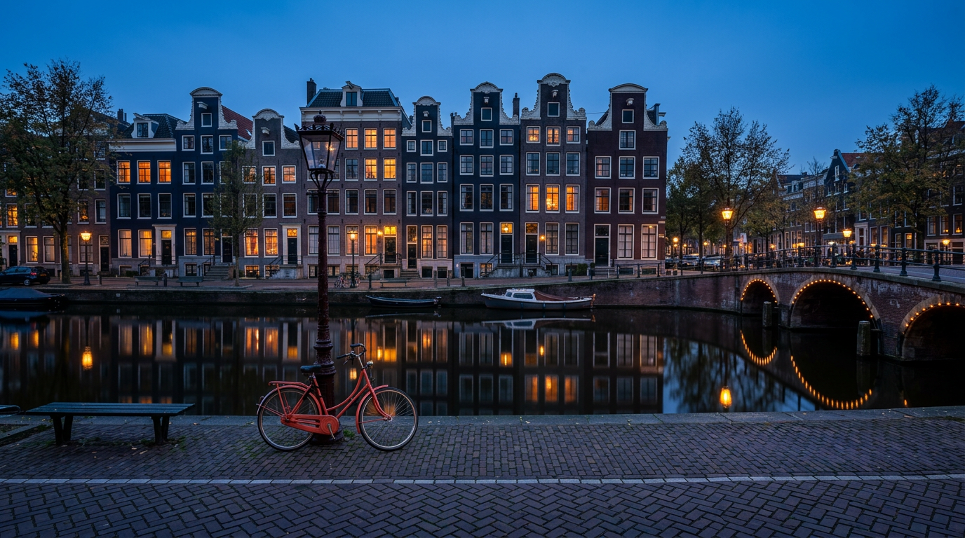 Historic Amsterdam canal houses at dusk